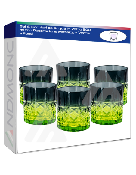 Set 6 Bicchieri da Acqua in Vetro 300 ml con Decorazione Mosaico – Verde e Fumé