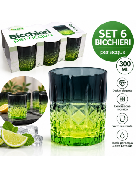 Set 6 Bicchieri da Acqua in Vetro 300 ml con Decorazione Mosaico – Verde e Fumé
