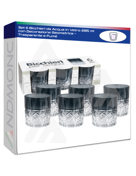 Set 6 Bicchieri da Acqua in Vetro 285 ml con Decorazione Geometrica – Trasparente e Fumé