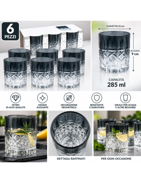 Set 6 Bicchieri da Acqua in Vetro 285 ml con Decorazione Geometrica – Trasparente e Fumé