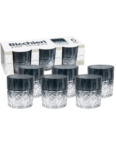 Set 6 Bicchieri da Acqua in Vetro 285 ml con Decorazione Geometrica – Trasparente e Fumé