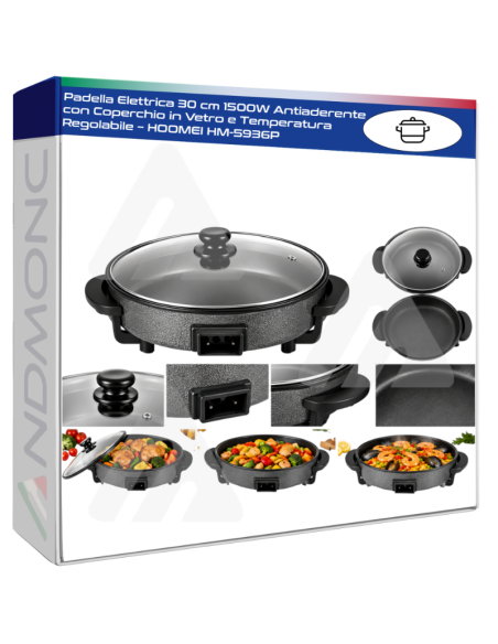 Padella Elettrica 30 cm 1500W Antiaderente con Coperchio in Vetro e Temperatura Regolabile – HOOMEI HM-5936P