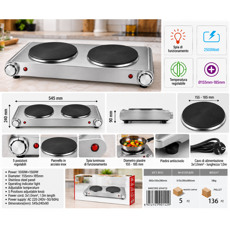 Doppia Piastra Elettrica 2500W in Acciaio Inox...