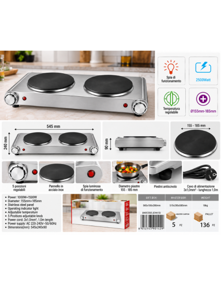 Doppia Piastra Elettrica 2500W in Acciaio Inox con Temperatura Regolabile – HOOMEI HM-250S