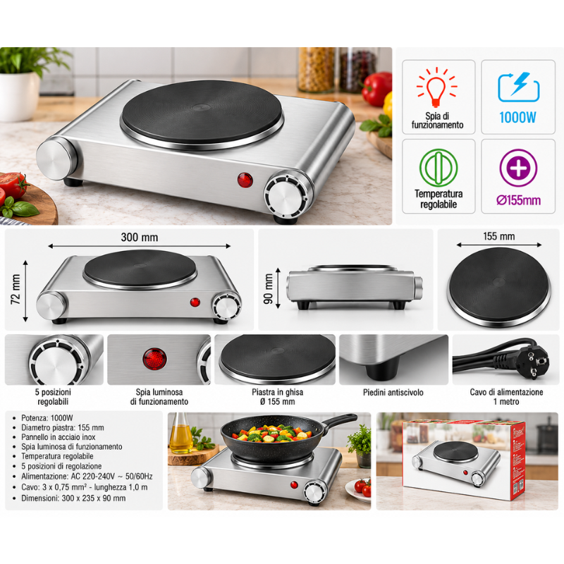 Piastra Elettrica Singola 1000W in Acciaio Inox...