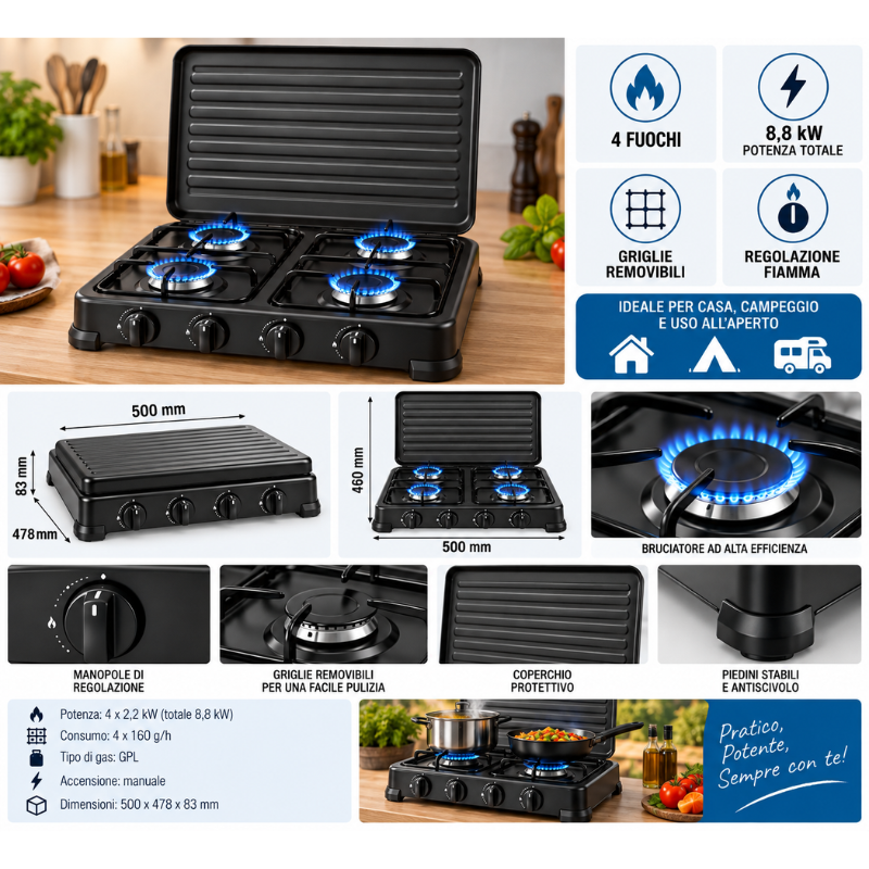 Fornello a Gas 4 Fuochi 8,8 kW con Coperchio,...