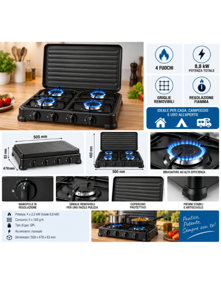Fornello a Gas 4 Fuochi 8,8 kW con Coperchio, Griglie Removibili e Regolazione Fiamma – HOOMEI HM-568-4T