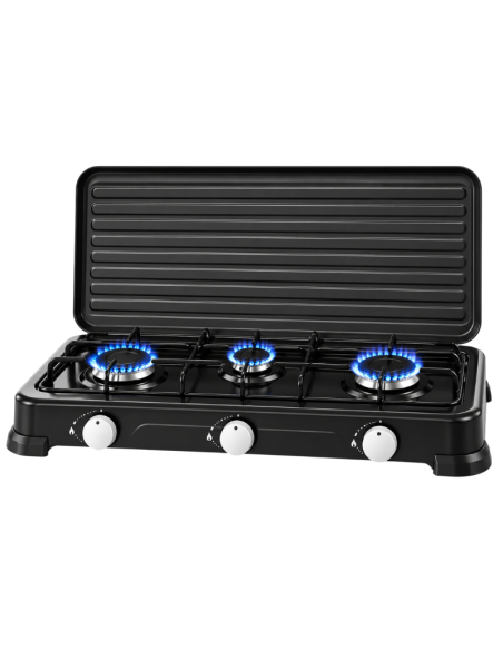 Fornello a Gas 3 Fuochi 5,4 kW con Coperchio, Griglie Removibili e Regolazione Fiamma – HOOMEI HM-568-3T