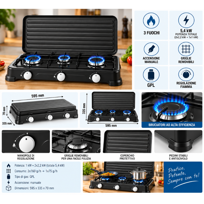 Fornello a Gas 3 Fuochi 5,4 kW con Coperchio,...