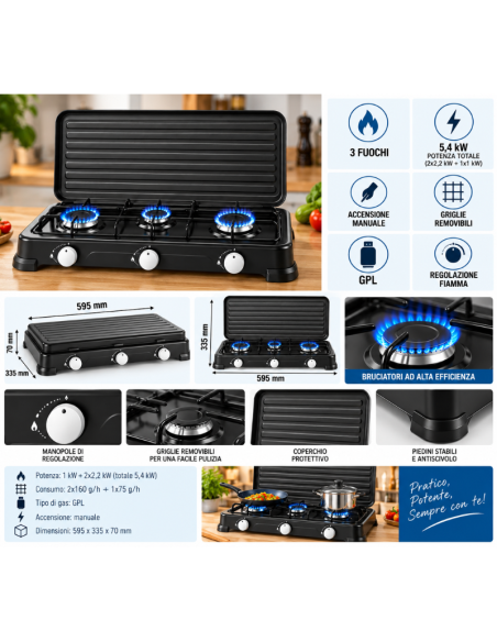 Fornello a Gas 3 Fuochi 5,4 kW con Coperchio, Griglie Removibili e Regolazione Fiamma – HOOMEI HM-568-3T