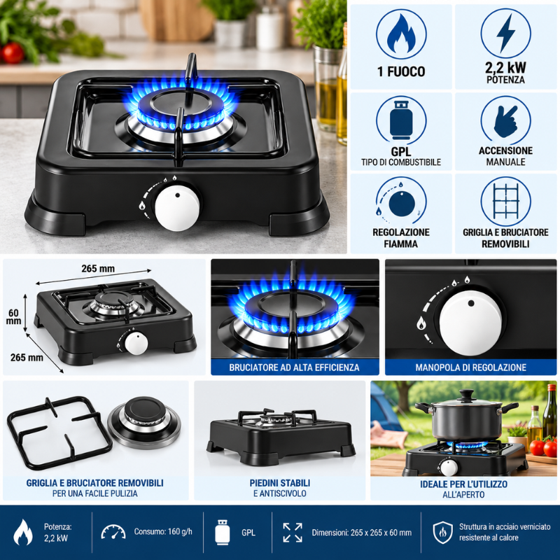 Fornello a Gas Singolo 2,2 kW GPL con...