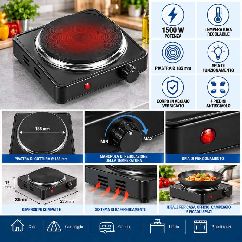 Piastra Elettrica Singola 1500W Ø185 mm con...