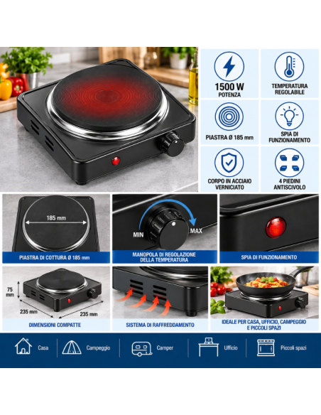 Piastra Elettrica Singola 1500W Ø185 mm con Temperatura Regolabile – HOOMEI HM-S1500