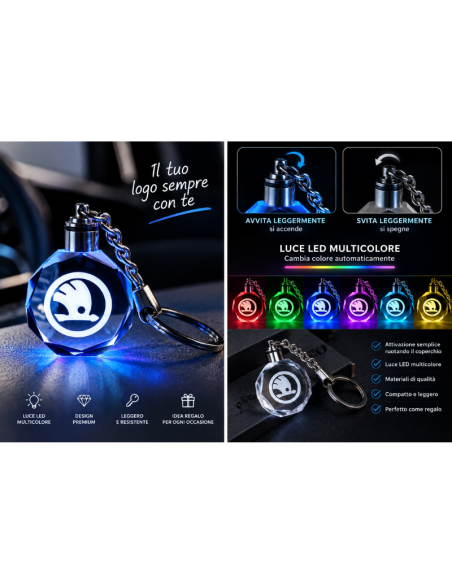 Portachiavi Skoda LED Multicolore con Logo Luminoso – Portachiavi Auto in Cristallo