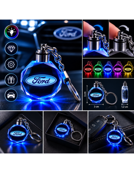 Portachiavi Ford LED Multicolore con Logo Luminoso – Portachiavi Auto Effetto Cristallo