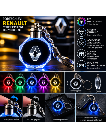 Portachiavi Renault LED Multicolore con Logo Luminoso – Portachiavi Auto Effetto Cristallo