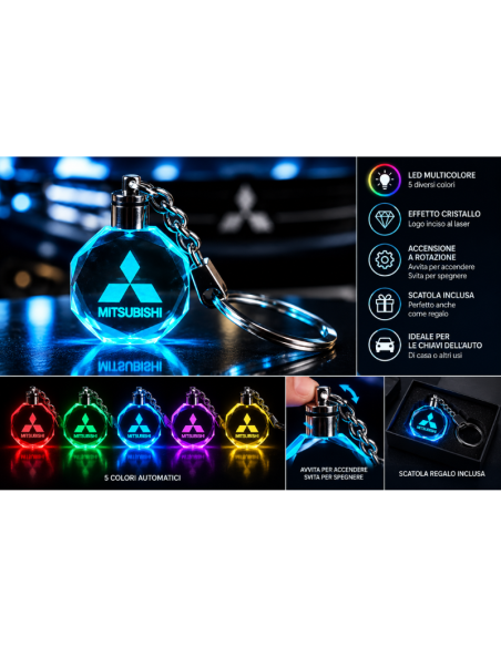 Portachiavi Mitsubishi LED Multicolore con Logo Luminoso – Portachiavi Auto Effetto Cristallo