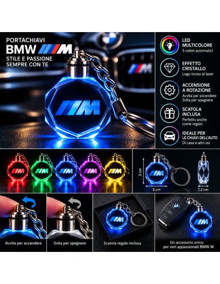 Portachiavi BMW M LED Multicolore con Logo Luminoso – Portachiavi Auto Effetto Cristallo