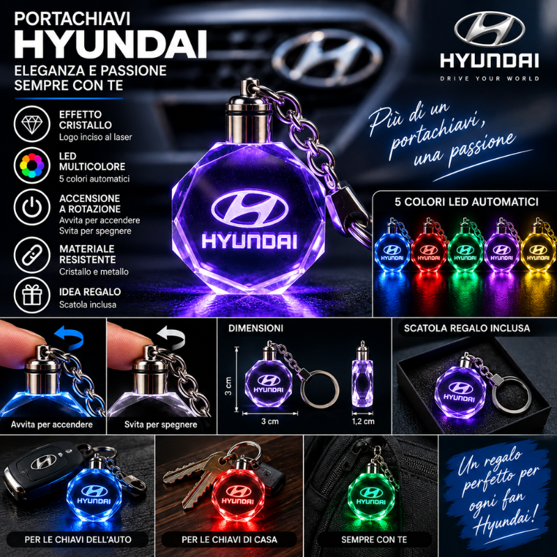 Portachiavi Hyundai LED Multicolore con Logo...