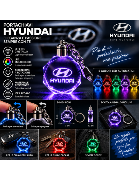 Portachiavi Hyundai LED Multicolore con Logo Luminoso – Portachiavi Auto Effetto Cristallo