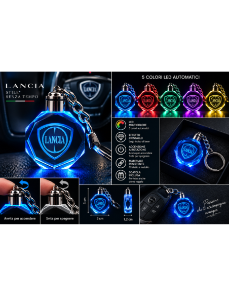 Portachiavi Lancia LED Multicolore con Logo Luminoso – Portachiavi Auto Effetto Cristallo