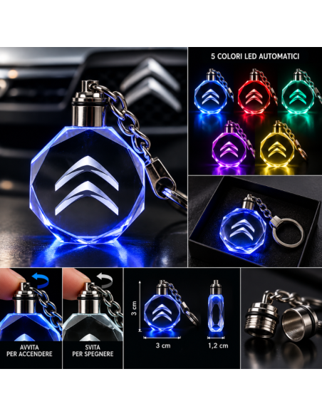 Portachiavi Citroën LED Multicolore con Logo Luminoso – Portachiavi Auto Effetto Cristallo