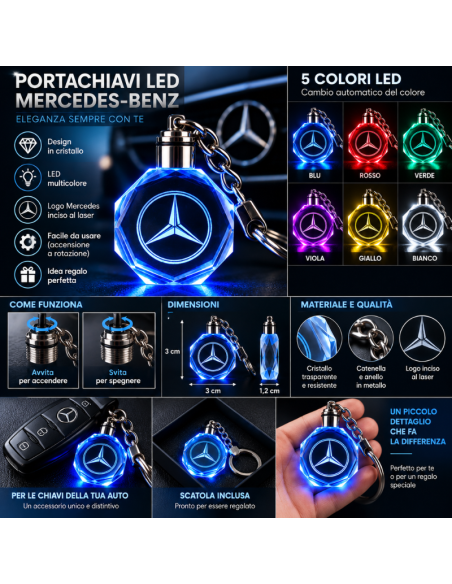 Portachiavi Mercedes-Benz LED Multicolore con Logo Luminoso – Portachiavi Auto Effetto Cristallo