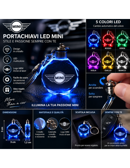 Portachiavi MINI Cooper LED Multicolore con Logo Luminoso – Portachiavi Auto Effetto Cristallo