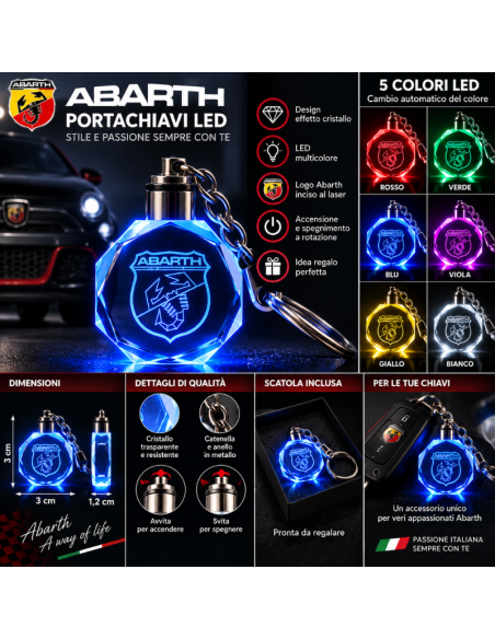Portachiavi Abarth LED Multicolore con Logo Luminoso – Portachiavi Auto Effetto Cristallo