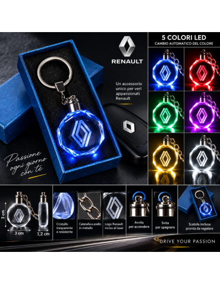 Portachiavi Renault LED Multicolore con Nuovo Logo Luminoso – Portachiavi Auto Effetto Cristallo
