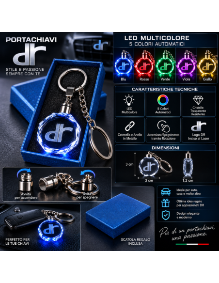 Portachiavi DR Automobiles LED Multicolore con Logo Luminoso – Portachiavi Auto Effetto Cristallo