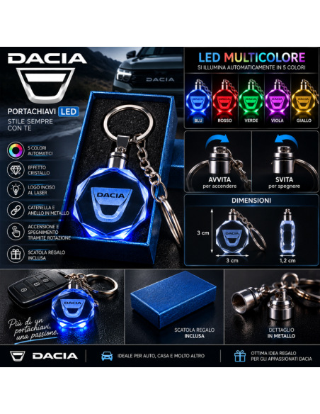 Portachiavi Dacia LED Multicolore con Logo Luminoso – Portachiavi Auto Effetto Cristallo