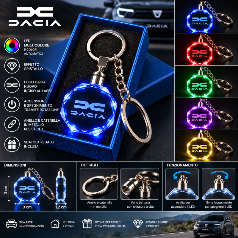 Portachiavi Dacia Nuovo Logo LED Multicolore –...