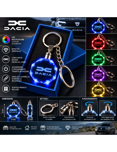 Portachiavi Dacia Nuovo Logo LED Multicolore – Portachiavi Auto Luminoso Effetto Cristallo