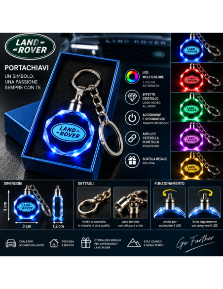 Portachiavi Land Rover LED Multicolore con Logo Luminoso – Portachiavi Auto Effetto Cristallo