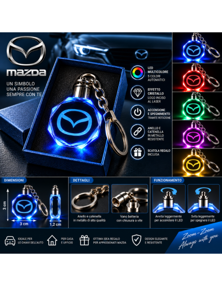 Portachiavi Mazda LED Multicolore con Logo Luminoso – Portachiavi Auto Effetto Cristallo