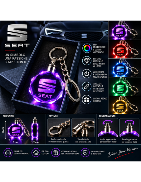 Portachiavi SEAT LED Multicolore con Logo Luminoso – Portachiavi Auto Effetto Cristallo