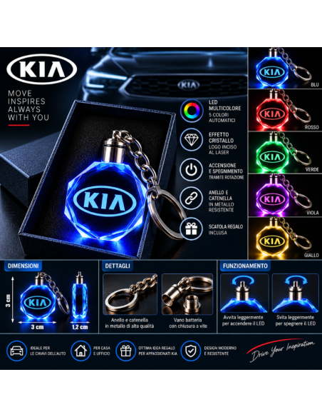 Portachiavi KIA LED Multicolore con Logo Luminoso – Portachiavi Auto Effetto Cristallo