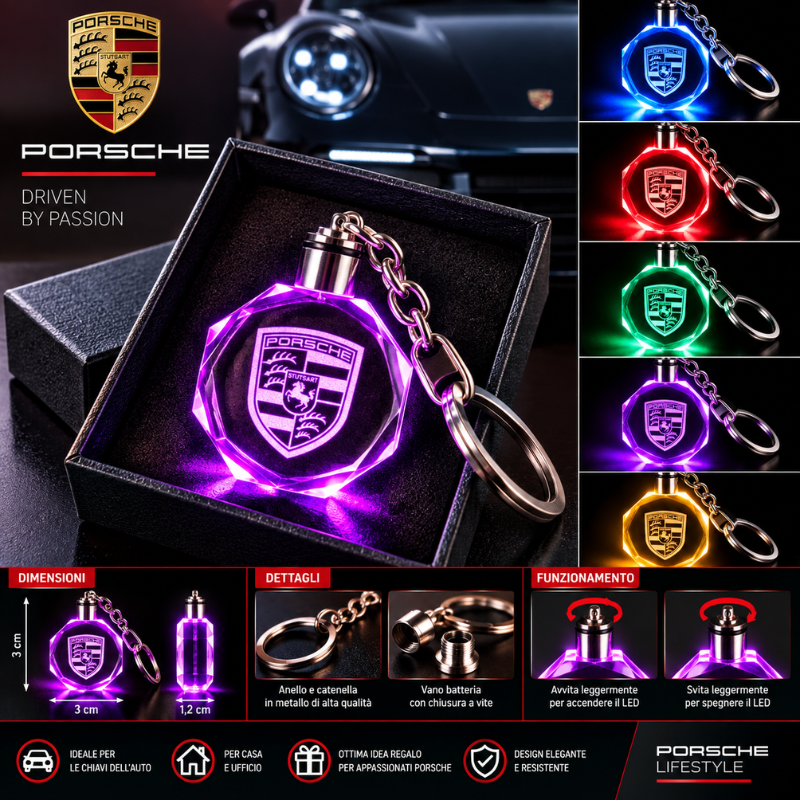 Portachiavi Porsche LED Multicolore con Logo...