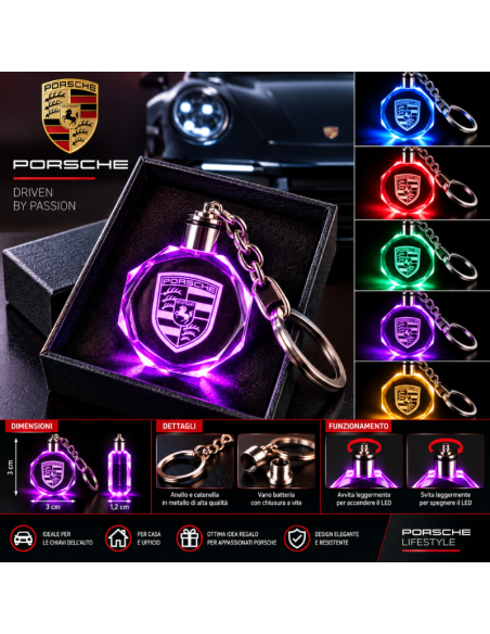 Portachiavi Porsche LED Multicolore con Logo Luminoso – Portachiavi Auto Effetto Cristallo