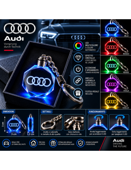 Portachiavi Audi LED Multicolore con Logo Luminoso – Portachiavi Auto Effetto Cristallo
