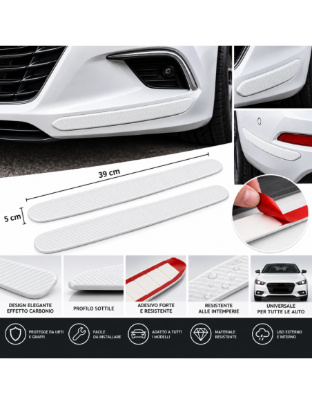 2 Strisce Protezione Paraurti Auto Universali Bianche Adesive Antiurto Antigraffio Effetto Carbonio 39×5 cm