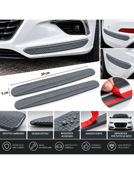 2 Strisce Protezione Paraurti Auto Universali Grigie Adesive Antiurto Antigraffio Effetto Carbonio 39×5 cm