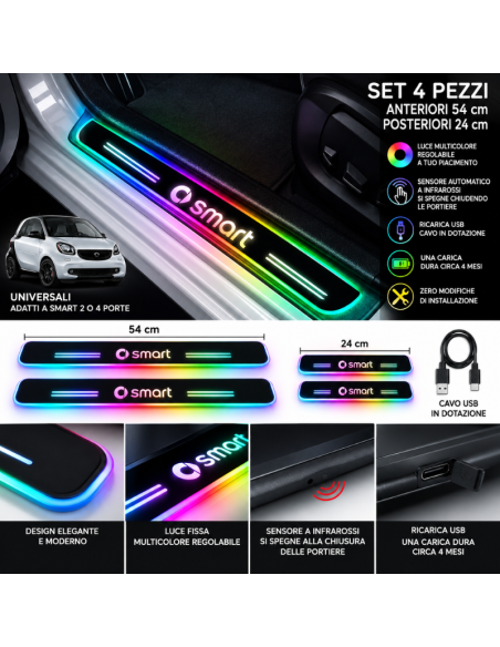 4 Battitacco LED Smart RGB Multicolore Senza Fili – Anteriori e Posteriori Adesivi Ricaricabili USB