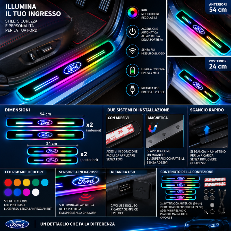 4 Battitacco LED Ford RGB Multicolore Senza...