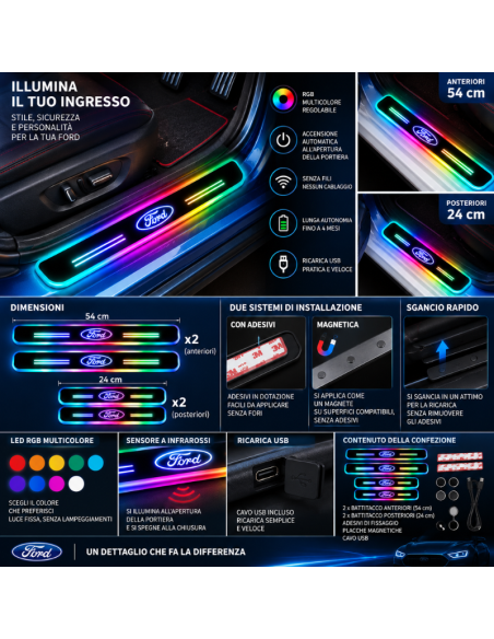 4 Battitacco LED Ford RGB Multicolore Senza Fili – Anteriori e Posteriori Ricaricabili USB