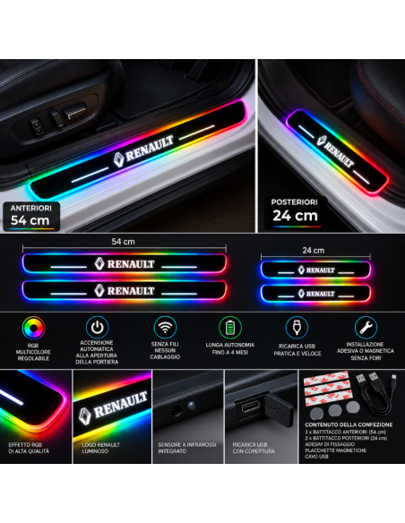 4 Battitacco LED Renault RGB Multicolore Senza Fili – Anteriori e Posteriori Ricaricabili USB