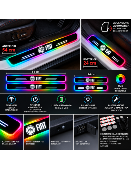 4 Battitacco LED Fiat RGB Multicolore Senza Fili – Anteriori e Posteriori Ricaricabili USB