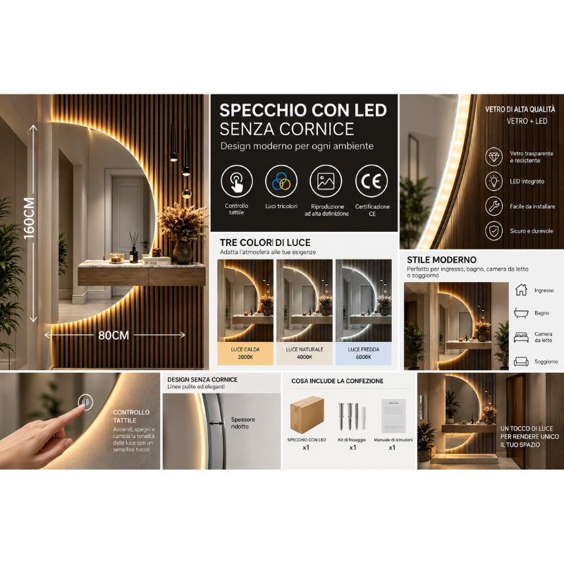 Specchio LED da Parete Senza Cornice 80x160 cm...