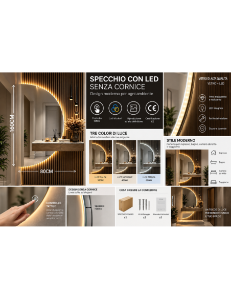 Specchio LED da Parete Senza Cornice 80x160 cm con Luce Tricolore e Controllo Touch – Specchio Moderno Design